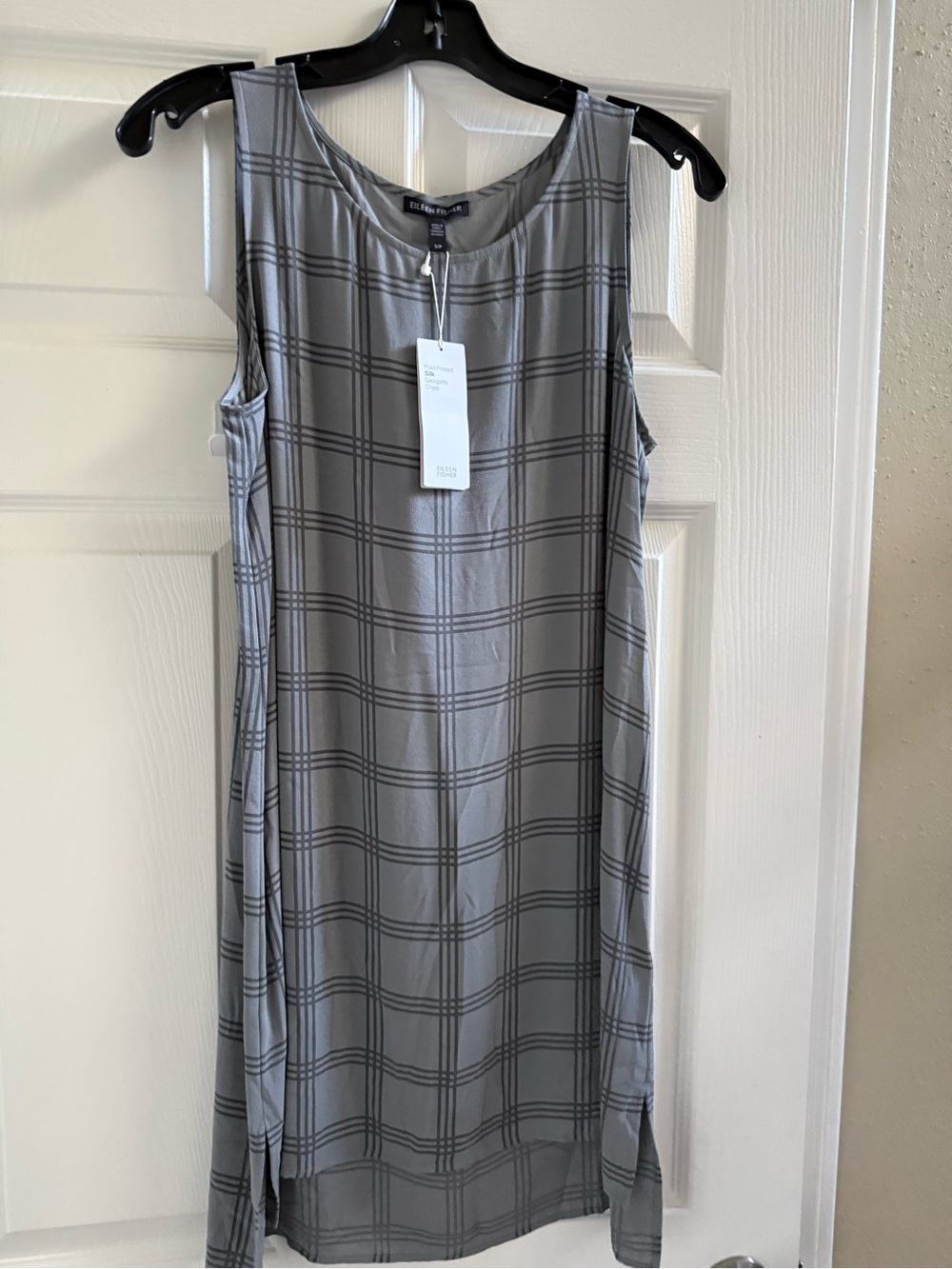 Eileen Fisher Gray Plaid Sleeveless Shift Dress Silk Sz S NWT